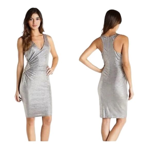 David Meister Silver Metallic Rouched Side‎ Pearl Beaded Dress Sz 8 - Picture 1 of 16